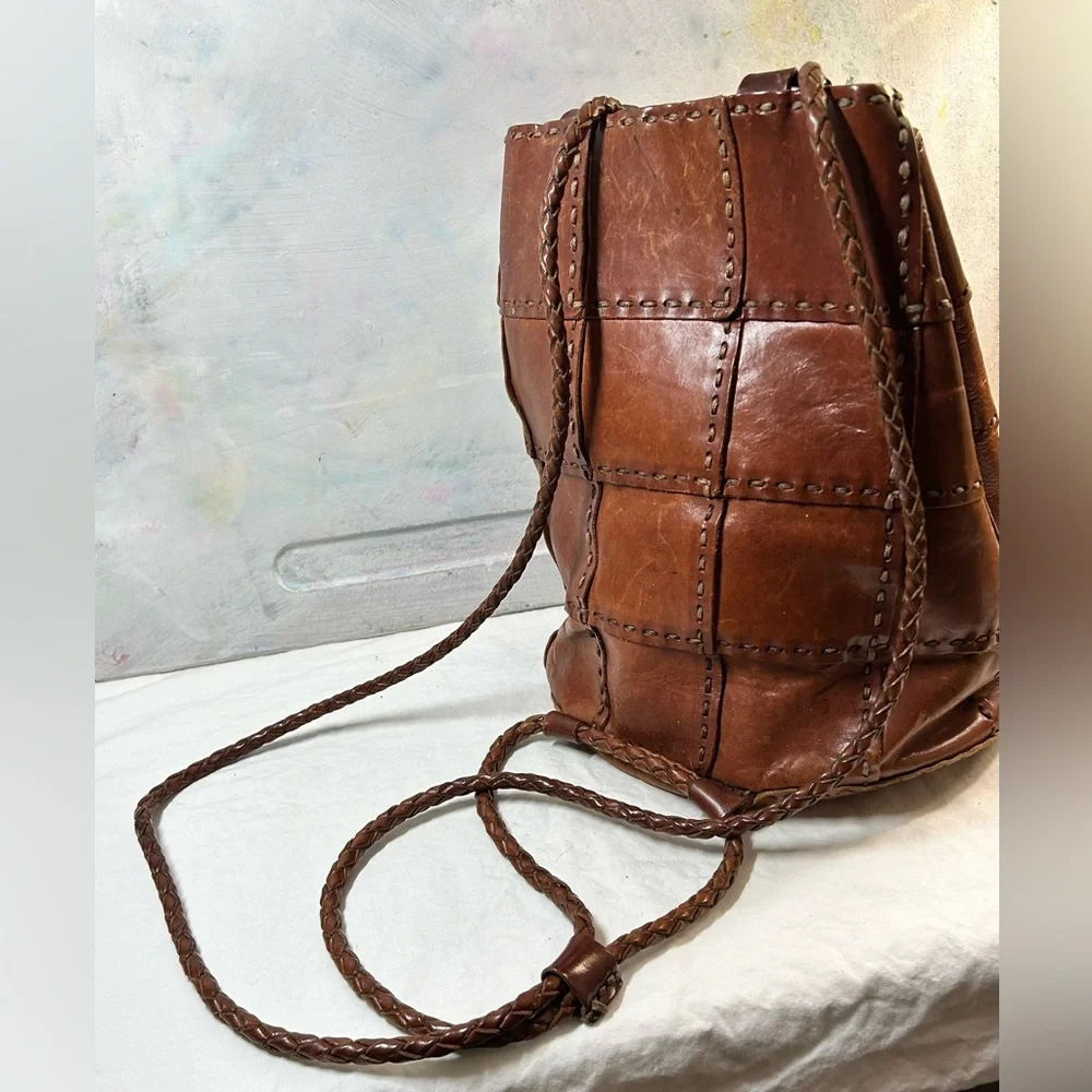Brown Leather Patchwork Bucket Bag - Picture 3 of 7